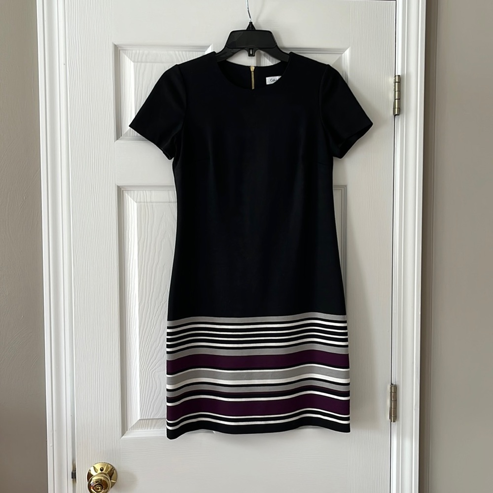 Calvin Klein size 4 dress with purple gray and white striping at bottom